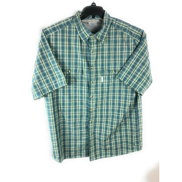Columbia Men's 2XT Short Sleeve Mesh Green White Check Button Casual A67 - Picture 1 of 5